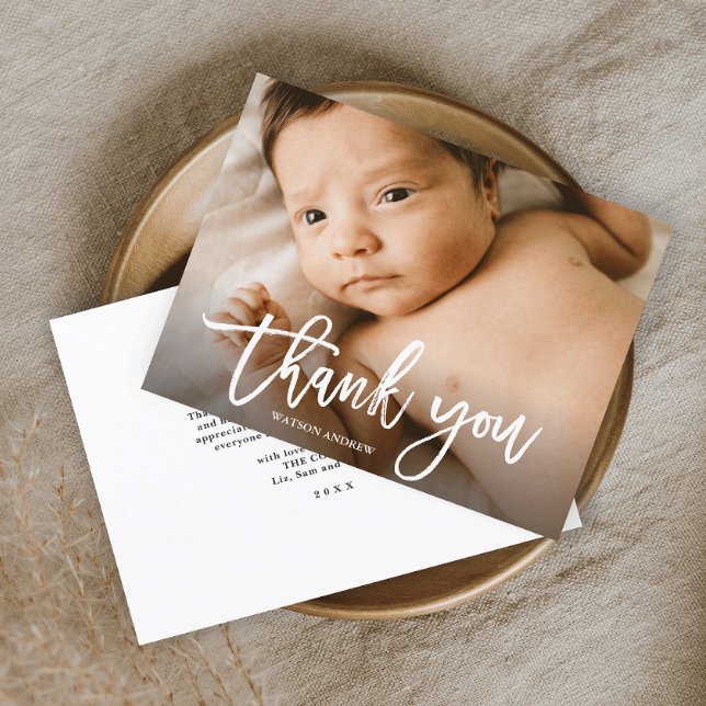 Budget Handwritten Photo Baby Thank You Card (SImple hadwritten baby photo thank you card with modern script typography overlay.)