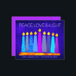 Budget Hanukkah Candles Peace Love Light Blue Card<br><div class="desc">“Peace, love & light.” A playful, modern, artsy illustration of boho pattern candles in a menorah helps you usher in the holiday of Hanukkah. Assorted blue candles with colorful faux foil patterns overlay a rich deep blue textured background. Faux hot pink purple diamond pattern foil on a cornflower blue background...</div>
