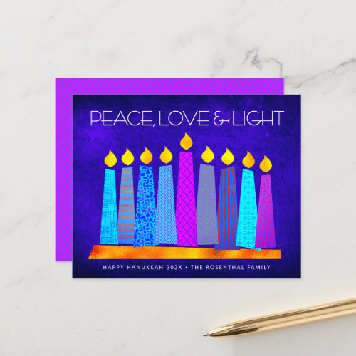 Budget Hanukkah Candles Peace Love Light Blue Card