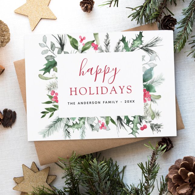 Budget Happy Holidays Christmas Greenery Red Card (Creator Uploaded)