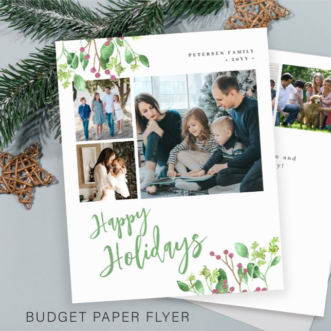 Budget Happy Holidays greenery photo Holiday Card Flyer (Creator Uploaded)