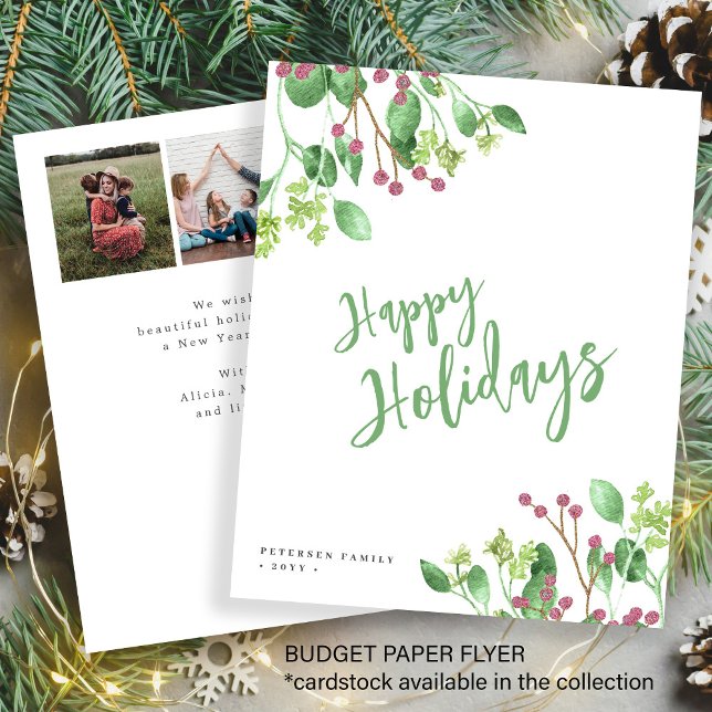 Budget Happy Holidays greenery photo Holiday Card Flyer (Creator Uploaded)