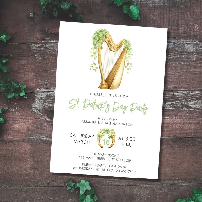 Budget Harp St. Patricks Day Watercolor Party Invitation (Creator Uploaded)