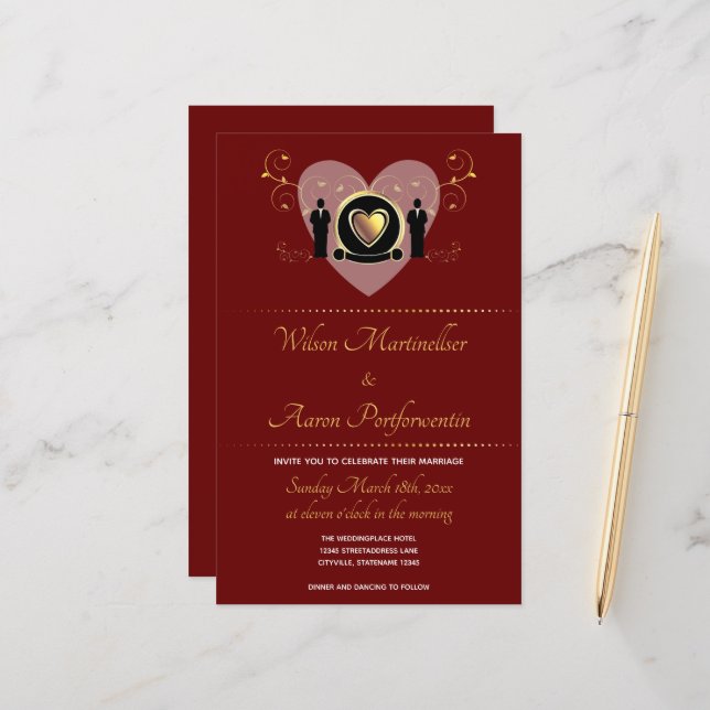 Budget Heart Burgundy LGBTQ Wedding Invitation (Front/Back In Situ)