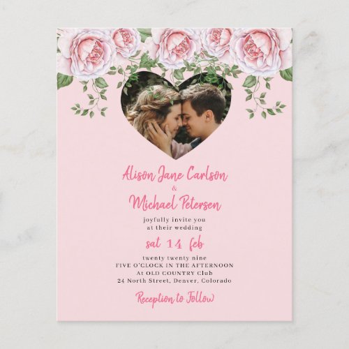 Budget heart photo pink floral wedding invitation flyer