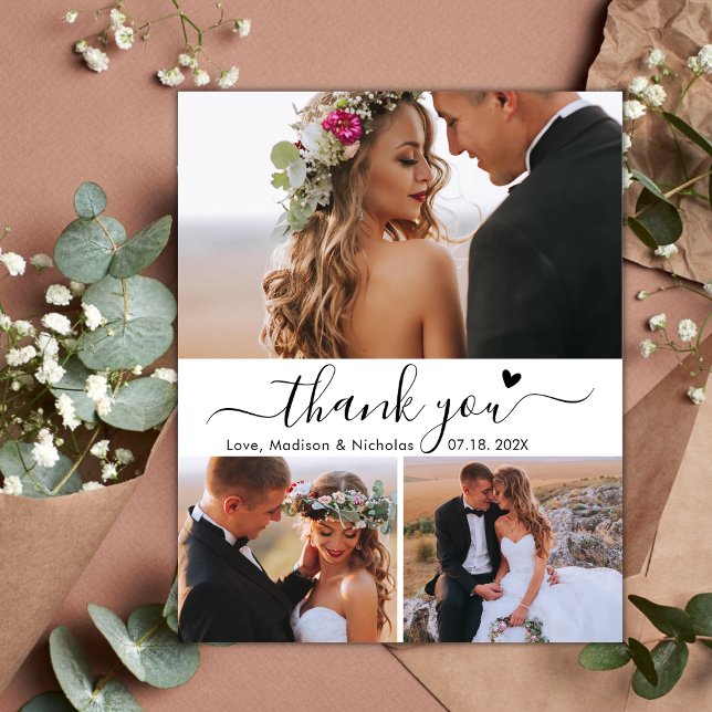 Budget Heart Script Collage Wedding Thank You Card (Creator Uploaded)