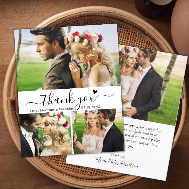 Budget Heart Script Collage Wedding Thank You Card (Creator Uploaded)
