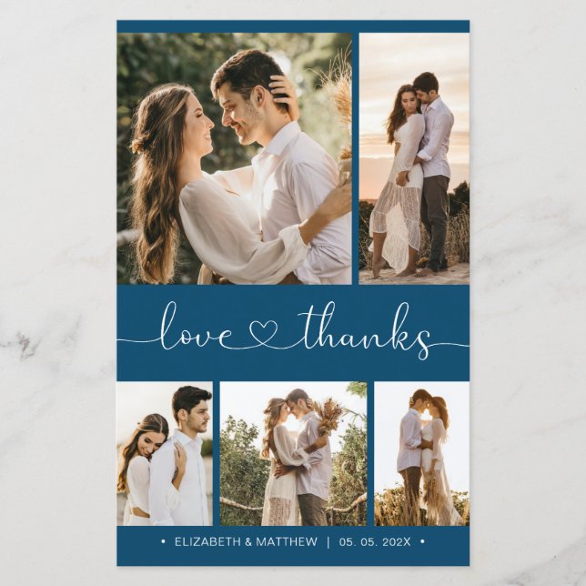 Budget Heart Script Collage Wedding Thank You Card (Front)