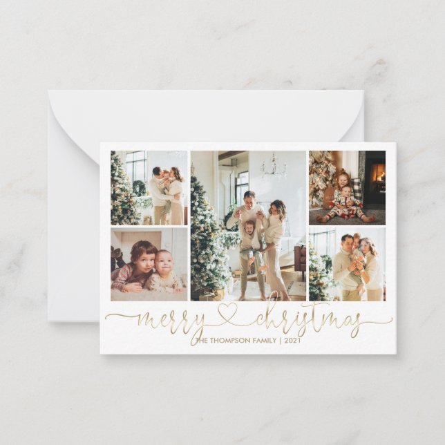 BUDGET Heart Script Gold Merry Christmas 5 Photo Note Card (Front)