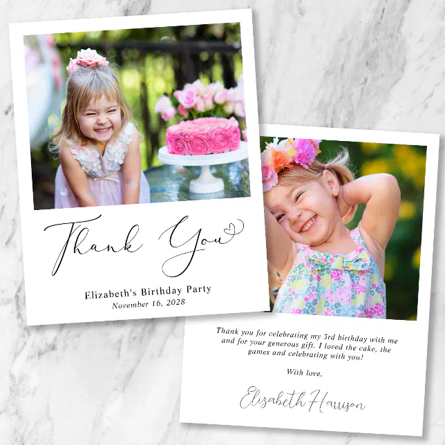 Budget Heart Script Photo Birthday Thank You Card | Zazzle