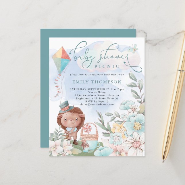 Budget Hedgehog Boy Baby Shower Picnic Invite (Front/Back In Situ)