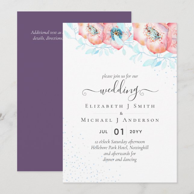 BUDGET  Hellebore Turquoise Peach Floral Wedding Invitation (Front/Back)