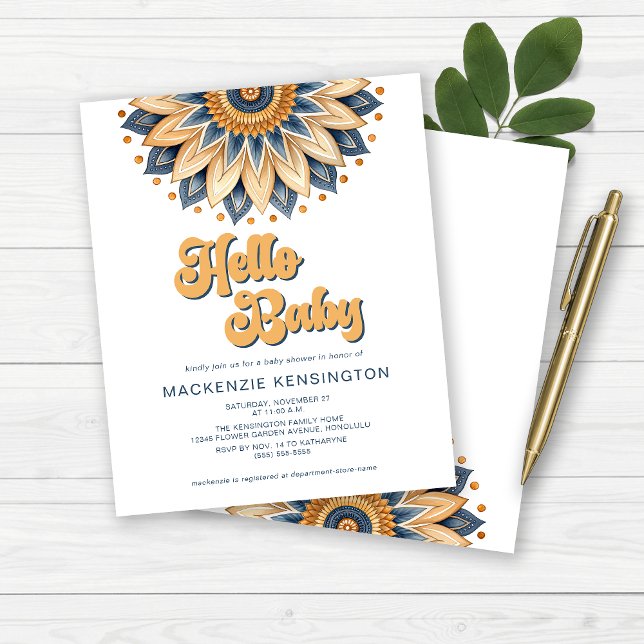 BUDGET Hello Baby Blue Gold Retro Baby Shower (BUDGET Hello Baby Blue and Gold Retro Boho Baby Shower Invitation)