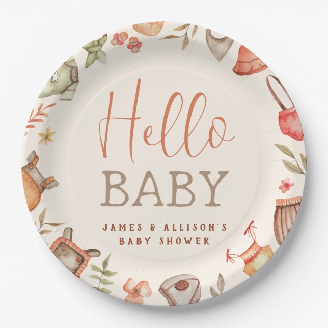 Budget Hello Baby Fall Boho Clothes Baby Shower Paper Plates (Front)