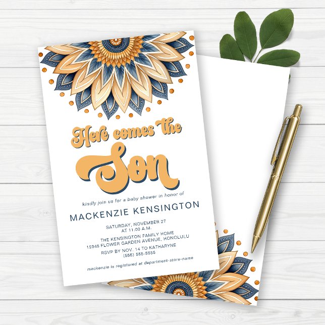 Budget Here Comes The Son Retro Baby Shower (Budget Here Comes the Son Navy Blue and Gold Baby Shower Invitations)