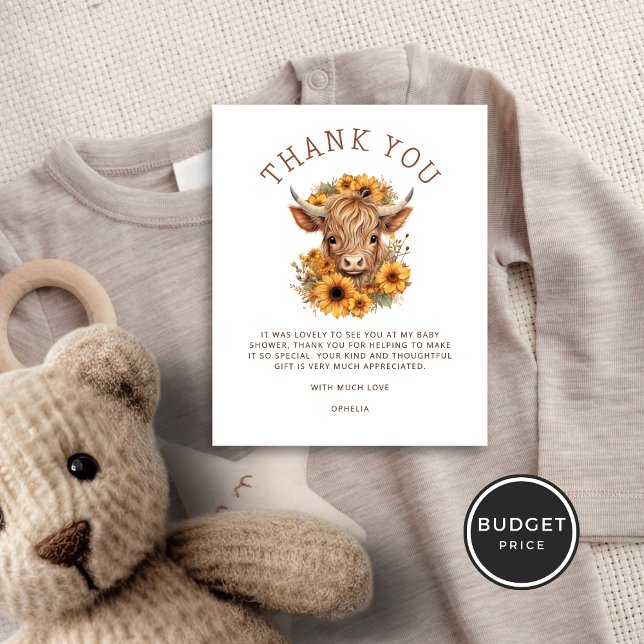 Budget Highland Cow Sunflowers Baby Shower Thanks (Budget price smaller alternative)