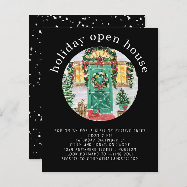 Budget Holiday Open House Party Black Invite (Front/Back)