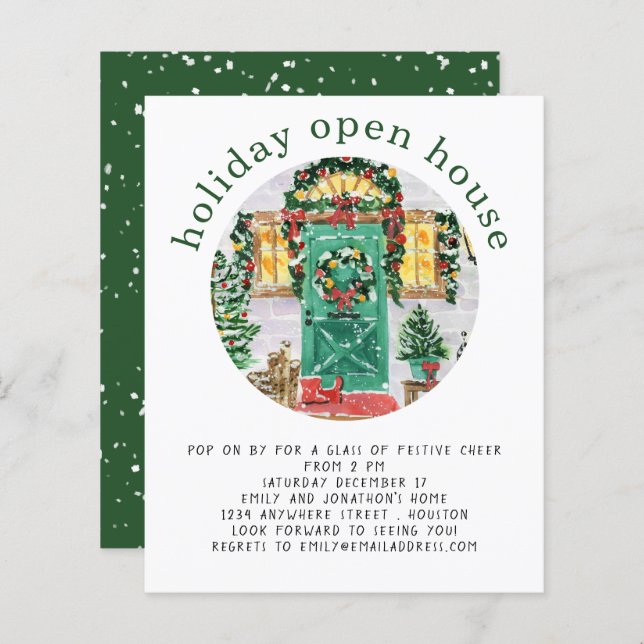 Budget Holiday Open House Party Green Invite (Front/Back)