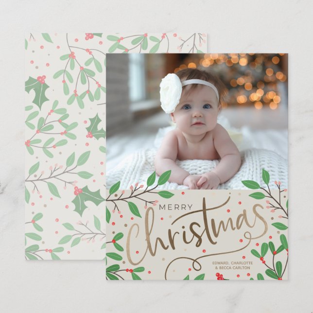 Budget Holly Berries Merry Christmas Photo Card (Front/Back)