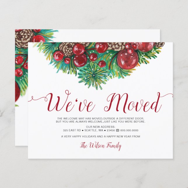 Budget Holly Berries Pine Cone Holiday Moving Card (Front/Back)