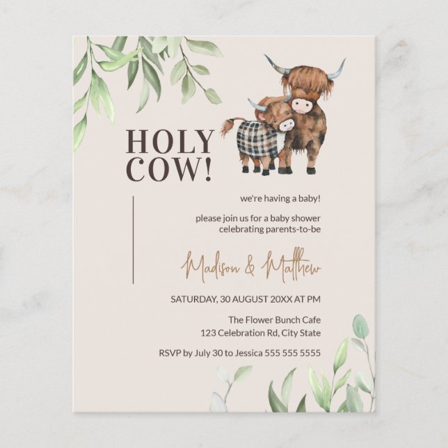 Budget Holy Cow Greenery Rustic Baby Shower Invite (Front)