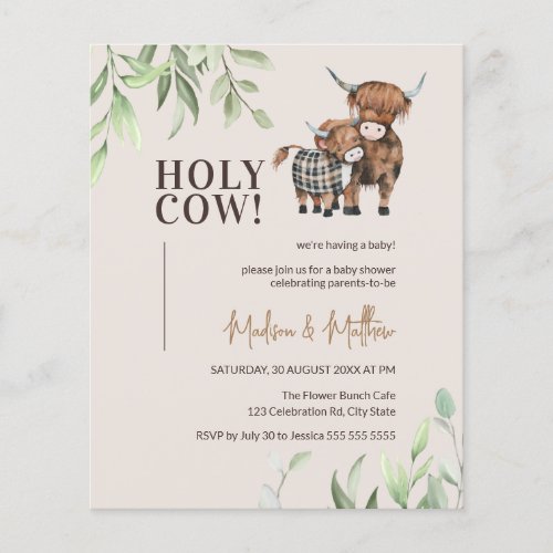 Budget Holy Cow Greenery Rustic Baby Shower Invite
