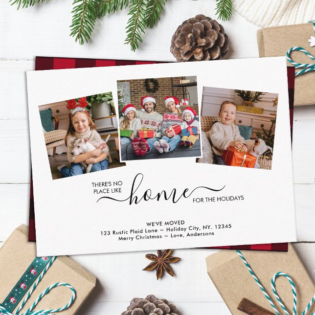 Budget Home Holidays 3 Photo Red Plaid Moving Note Card (Creator Uploaded)