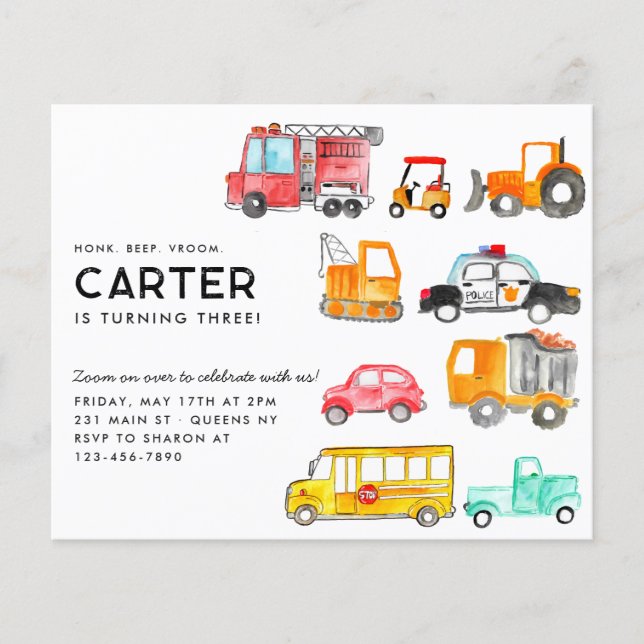 Budget Honk Beep Vroom Transportation Kid Birthday (Front)