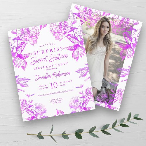 Budget Hot Pink Floral SURPRISE Sweet 16 Invite