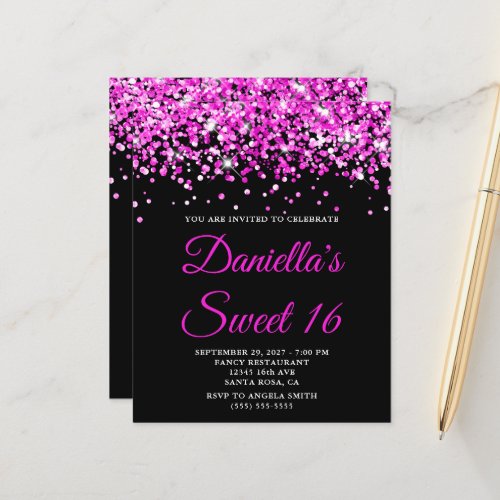 Budget Hot Pink Glitter Black Sweet 16 Invite