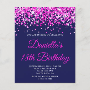 Budget Hot Pink Glitter Navy 18th Birthday Invite