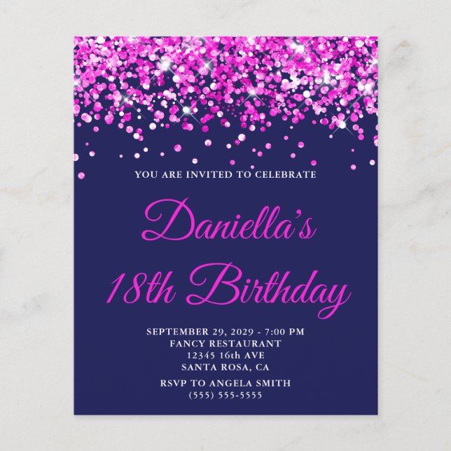 Budget Hot Pink Glitter Navy 18th Birthday Invite (Front)
