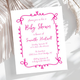 Budget Hot Pink Hand Drawn Girl Baby Shower Invite