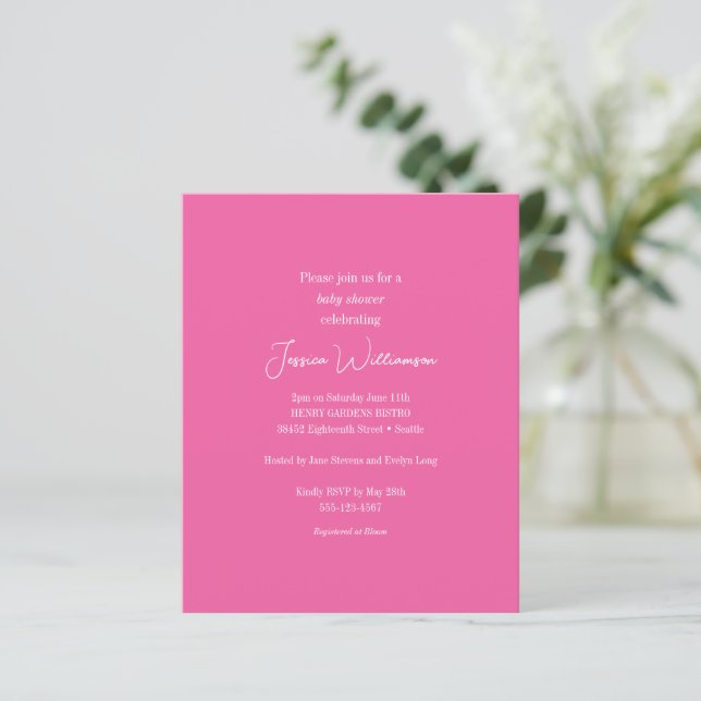 Budget Hot Pink Minimalist Baby Shower Invitation (Standing Front)