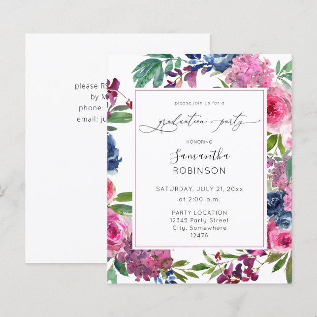 Budget Hot Pink &Navy Blue Floral Graduation Party (Front/Back)