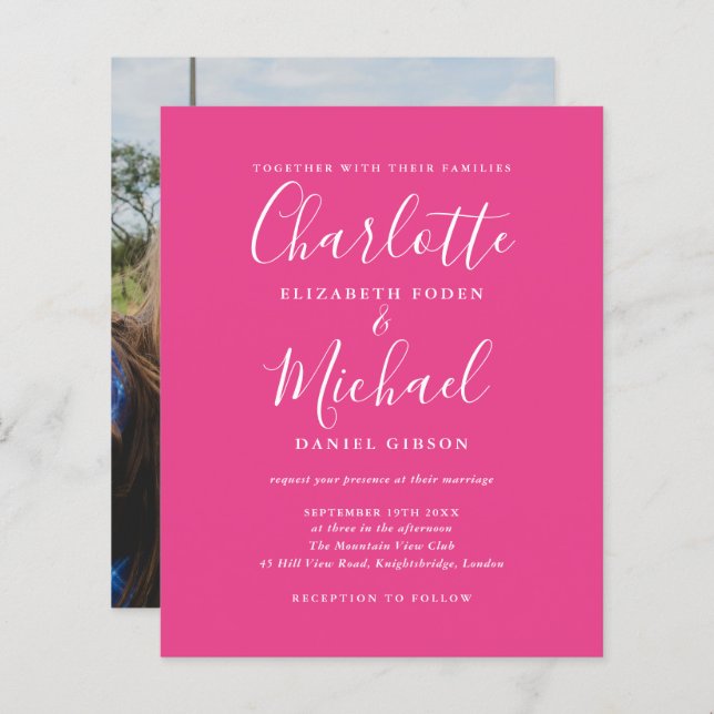 Budget Hot Pink Script Photo Wedding Invitation (Front/Back)