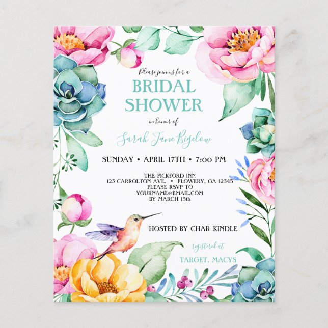 Budget Hummingbird Boho Bridal Shower Flyer (Front)