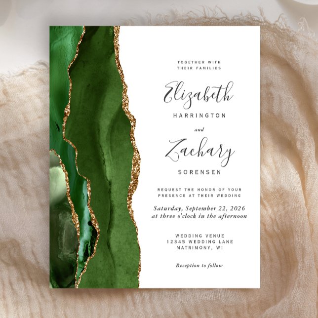 Budget Hunter Green Gold Agate Wedding Invitation (Creator Uploaded)