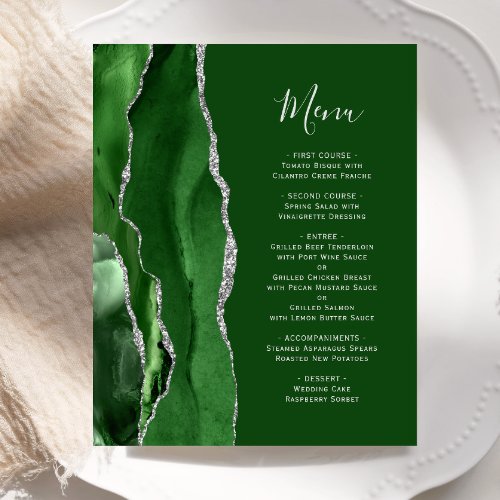 Budget Hunter Green Silver Agate Wedding Menu