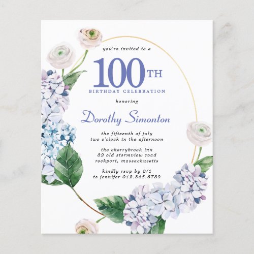 Budget Hydrangea Rose 100th Birthday Invitation