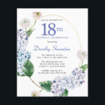 Budget Hydrangea Rose 18th Birthday Invitation<br><div class="desc">Blue hydrangea flowers and blush roses decorate a gold oval frame. An open and airy modern botanical.</div>