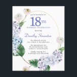 Budget Hydrangea Rose 18th Birthday Invitation<br><div class="desc">Blue hydrangea flowers and blush roses decorate a gold oval frame. An open and airy modern botanical.</div>