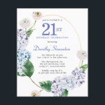 Budget Hydrangea Rose 21st Birthday Invitation<br><div class="desc">Blue hydrangea flowers and blush roses decorate a gold oval frame. An open and airy modern botanical.</div>