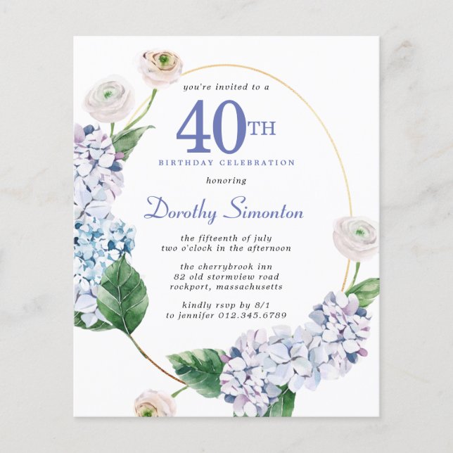 Budget Hydrangea Rose 40th Birthday Invitation (Front)