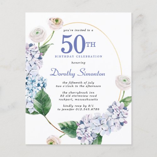 Budget Hydrangea Rose 50th Birthday Invitation