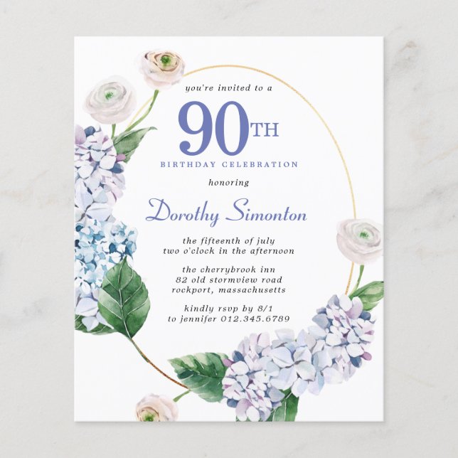 Budget Hydrangea Rose 90th Birthday Invitation (Front)