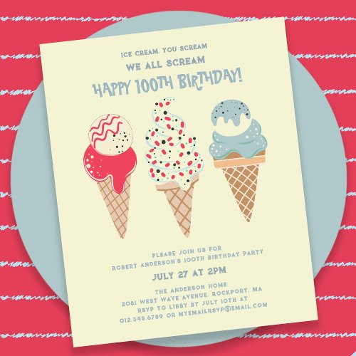 Budget Ice Cream Cone 100th Birthday Invitation
