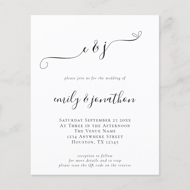 Budget Initials Script QR Code Wedding Invitation (Front)