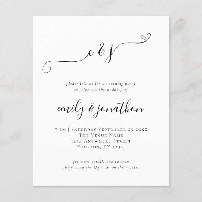 Budget Initials Script QR Wedding Evening Invite (Front)