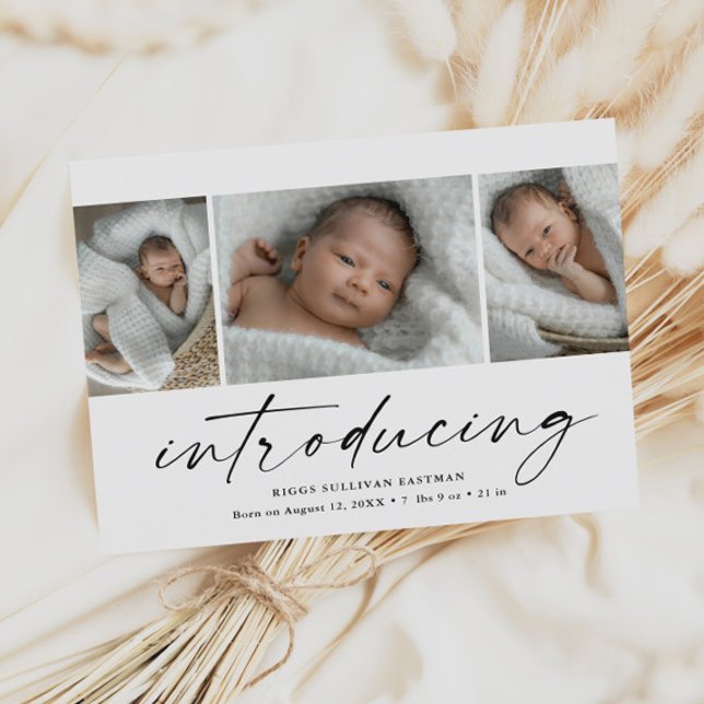 Budget Introducing Baby 3 Photo Thank You Card (Modern introducing script 3 photo birth announcement baby thank you cards.)